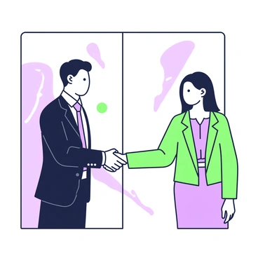 Two businesspeople are standing facing each other, engaged in a handshake. The first businessperson is a man wearing a dark suit with a white shirt and a tie. The second businessperson is a woman wearing a tailored blazer over a blouse. Behind them, there is a large glass wall that reflects light and emphasizes the theme of transparency in their deal. The glass wall features abstract shapes, enhancing the modern professional atmosphere. The two individuals display expressions of confidence and determination as they engage in this professional exchange.