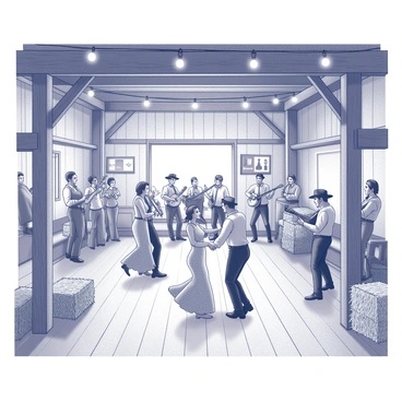 A rustic barn interior filled with wooden beams and hay bales. Several couples are dancing joyfully on a wooden floor, surrounded by an atmosphere of celebration. String lights are draped across the ceiling, casting a warm glow throughout the space. A country band is positioned in one corner, with musicians playing guitar, banjo, and fiddle. The walls are adorned with country-themed decorations, including vintage posters and rustic tools. Guests are dressed in casual country attire, enjoying the lively music and the festive ambiance.