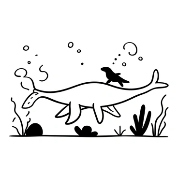 A young mosasaurus swimming alongside a larger mosasaurus, likely its mother. The young mosasaurus is in a playful stance, with its body curved and fins outstretched, creating a sense of movement and energy. Bubbles are rising around them, adding to the lively underwater atmosphere. The larger mosasaurus glides gracefully, maintaining a protective proximity to the young one. Surrounding them are various sea plants swaying gently with the water current, enhancing the scene's depth.