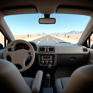 The inside of a car driving down a long, empty desert road