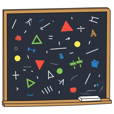 A large blackboard with a dark surface covered in a variety of colorful geometric shapes including triangles, circles, and squares. The shapes are filled with vibrant colors like red, blue, yellow, and green. Scattered throughout the board are various math equations written in white chalk, including addition, subtraction, multiplication, and division signs. There are also a few arrows and lines connecting some shapes and equations, creating a playful and chaotic arrangement. Some corners of the blackboard are lightly smudged with chalk dust.