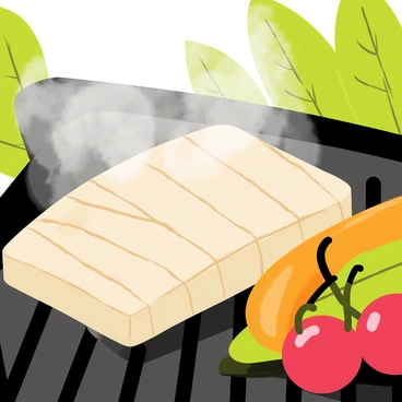 A halibut fillet sizzling on a grill, with visible grill marks creating a pattern on its surface. Smoke is rising from the grill, curling upwards and softly blurring the air above. Next to the halibut, there is an assortment of brightly colored vegetables, including orange bell peppers, green zucchini, and red cherry tomatoes, all slightly charred and glistening with oil. The background shows the edges of the grill and hints of vibrant greenery from nearby plants.