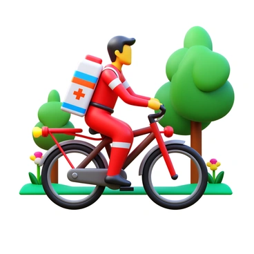 A paramedic on a bicycle wearing a red uniform with reflective strips is equipped with a medical backpack and first aid supplies. The bicycle is adorned with a bright emergency light attached to the front. Surrounding the paramedic, there are green trees, grass, and colorful flowers in the park. The scene captures the paramedic in a moment of readiness, with the bicycle parked and a stethoscope hanging around their neck.