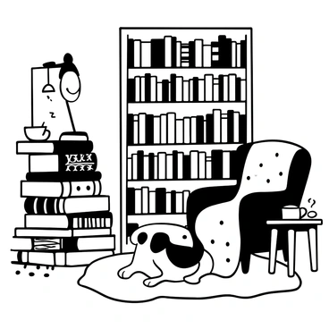 A dog sitting quietly on a plush rug beside a tall pile of books. The library shelves are filled with numerous books, their spines facing outward. A warm, inviting lamp illuminates the scene, casting shadows on the wooden floor. A comfortable armchair with intricate patterns is positioned nearby, and a small side table holds a steaming cup of tea next to a pair of reading glasses. A soft blanket is draped over the armchair, adding to the cozy atmosphere.