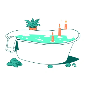 A white bathtub is filled with bubbles, with several orange ohr candles floating on the surface of the water. The candles are lit, casting warm, flickering light across the scene. Surrounding the bathtub, there are small decorative stones in teal and a soft plush towel neatly folded on the edge. In the background, a small potted green plant adds a touch of nature to the relaxing atmosphere.