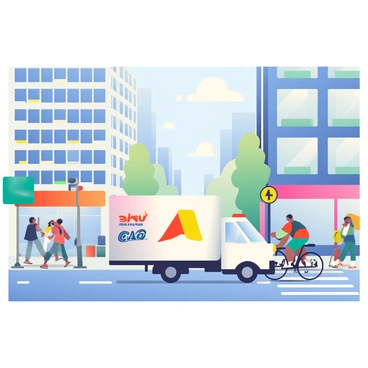A large white delivery truck is driving through a busy urban street filled with people and vehicles. The truck has the company logo printed on the side in bright colors. On the left, a group of pedestrians is crossing the street, while a cyclist rides by on the right. Tall buildings with large windows and balconies line the street, each adorned with colorful storefronts at ground level. The sky above is a soft blue, while traffic lights and street signs are visible in the background.