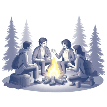 A group of diverse individuals sitting around a campfire in a wooded area. The campfire emits a bright flame, illuminating their faces and casting shadows on the surrounding trees. Each person has a distinct appearance and attire, showcasing their unique backgrounds. They are engaged in animated conversation, with one person animatedly gesturing as they share a story. The others listen intently, with expressions of laughter and intrigue. Various camping gear, such as backpacks and a pot hanging over the fire, is scattered around them. The environment features tall trees and underbrush, creating a secluded atmosphere in the wilderness.