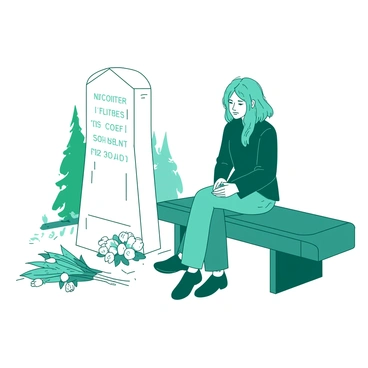 A teal person is sitting quietly on a bench by a white memorial, which is adorned with intricate carvings. The person has their hands resting on their lap and their gaze is directed downward, lost in deep reflection. Surrounding the memorial are small white flowers gently placed as a tribute, adding a serene touch to the scene. In the background, there are faint silhouettes of trees creating a peaceful atmosphere.