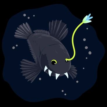 A close-up view of an anglerfish showcasing its sharp, pointed teeth. The teeth are glistening and arranged in rows, highlighting their menacing appearance. The anglerfish has a bioluminescent lure extending from its head, glowing softly in shades of blue and green. The skin of the anglerfish is rough and textured, with dark colors blending into the deep-sea environment. The surrounding water is murky, emphasizing the anglerfish's vibrant lure against the darkness.