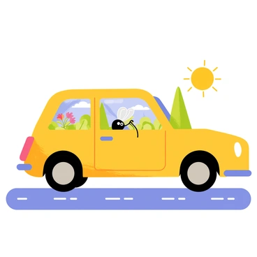 A small car with rounded edges and bright colors is parked on a road. Inside the car, there is a fly with delicate wings, sitting on the dashboard. The fly is peering out of the open window, its tiny eyes focused on the scenery passing by. Outside the window, a vibrant landscape of green trees and colorful flowers blurs in motion. The sun is shining, casting light on the fly’s translucent wings and highlighting the cheerful atmosphere of the scene.