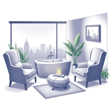 A private spa suite featuring an ornate interior design. The suite includes plush seating arrangements, with soft cushions placed on elegantly designed chairs. A large window stretches across one wall, providing a panoramic view of the city skyline. The room also contains a large, freestanding soaking tub, surrounded by candles and lush green plants. There are decorative elements such as a stylish rug on the floor and tasteful artwork hanging on the walls. The atmosphere suggests a tranquil escape, focused on relaxation and comfort.