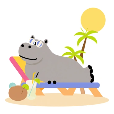 A hippopotamus with a smooth gray body is lounging comfortably on a colorful beach chair. The hippo is wearing round, reflective sunglasses perched atop its snout. Next to the hippo, there is a tropical coconut drink with a straw, adorned with a small cocktail umbrella. Palm trees are visible in the background, completing the beach scene. The sun is shining brightly in the sky, casting a warm glow over the entire setting.