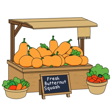 A lively farmers' market stall with a wooden structure, showcasing an array of vibrant butternut squash in various sizes. The squash have smooth, tan skin with some featuring deep orange accents. Surrounding the squash are green leaves and stems, adding a fresh touch. The stall is adorned with a rustic burlap cloth draped on one side. Nearby, there are baskets filled with other seasonal vegetables like carrots and tomatoes, enhancing the colorful display. Sunlight casts warm light across the scene, highlighting the rich textures of the produce. A small chalkboard sign stands in front, featuring the words "Fresh Butternut Squash" written in playful letters.