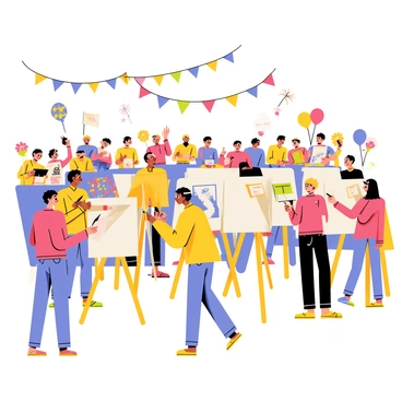 A group of artists engaged in a lively sketch battle, each focused on their drawing pads. The artists, wearing colorful clothing, are positioned at easels, with their concentrated expressions showing determination. Around them, a diverse crowd of cheering fans is gathered, some waving flags and holding signs. The background features various decorations, including balloons and colorful banners, creating a festive atmosphere. Bright lights illuminate the scene, highlighting the excitement and energy of the competition.