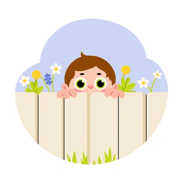 A child with short brown hair is peeking over a wooden fence. The child has bright green eyes and an expression of curiosity. The fence is made of pale brown wooden planks, with some grass visible at the bottom. In the background, there are hints of colorful flowers and green bushes, adding a lively touch to the scene. The sky above is a clear blue, suggesting a sunny day. The child's small hands grip the top of the fence, indicating a playful and adventurous mood.