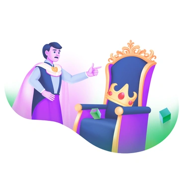 A character standing confidently, dressed in a regal outfit, is pointing toward an ornate throne. The throne is lavishly decorated and features a prominent, intricate crown resting on its armrest. The character has a determined expression, and behind them is a backdrop of soft pastel colors, enhancing the focus on the throne and crown. The scene conveys a sense of persuasion and authority, with the spotlight highlighting the symbol of power on the throne.