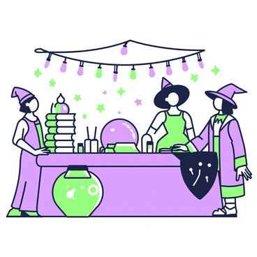 A market stall is set up in a bustling bazaar, where witches are actively trading magical items. The stall is adorned with various artifacts, including a large crystal ball in the center, surrounded by small vials filled with colorful potions. On the left side, there is a stack of ancient, leather-bound spell books. To the right, a collection of enchanted wands rests on a dark velvet cloth. Two witches are engaged in conversation; one is wearing a pointed hat and a flowing robe, while the other sports a cloak with intricate designs. Above the stall, twinkling lights hang, illuminating the scene with a mystical glow.