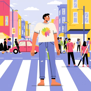 A character standing in the middle of a busy street, surrounded by a vibrant scene of people and vehicles. The character has a look of deep contemplation, with "aura" colors radiating from their body. The auras include hues of red, blue, yellow, and green, each fluctuating and swirling around them to represent various emotions. The street is filled with "bustling pedestrians" and "colorful storefronts," contributing to the lively atmosphere. "Cars" and bicycles pass by, while "streetlights" add a warm glow to the evening setting. The overall scene reflects a dynamic blend of emotions and urban life.