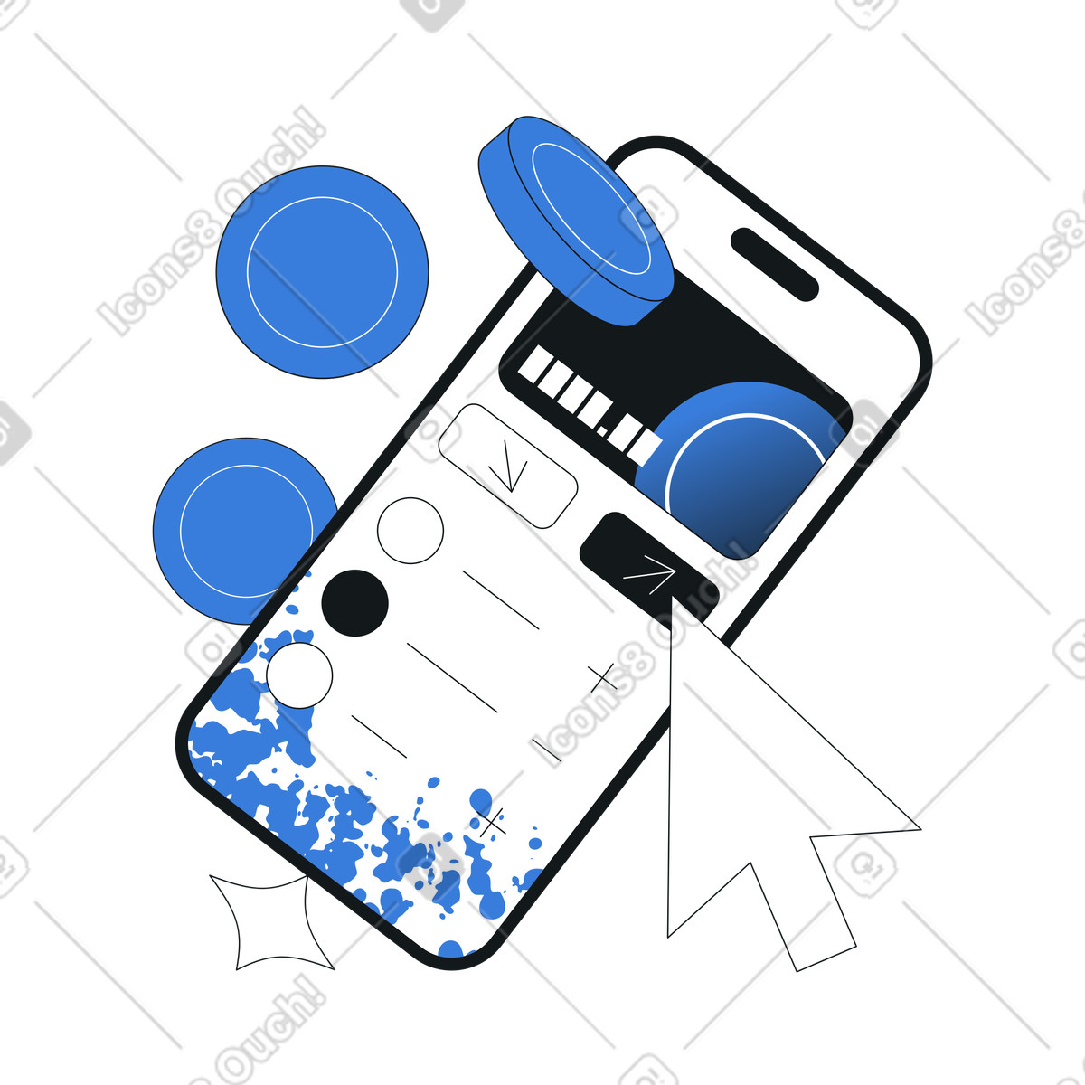 Ilustración Smartphone con monedas y flechas, aplicación de transferencia dinero móvil en estilo Midnight a descargar en PNG SVG