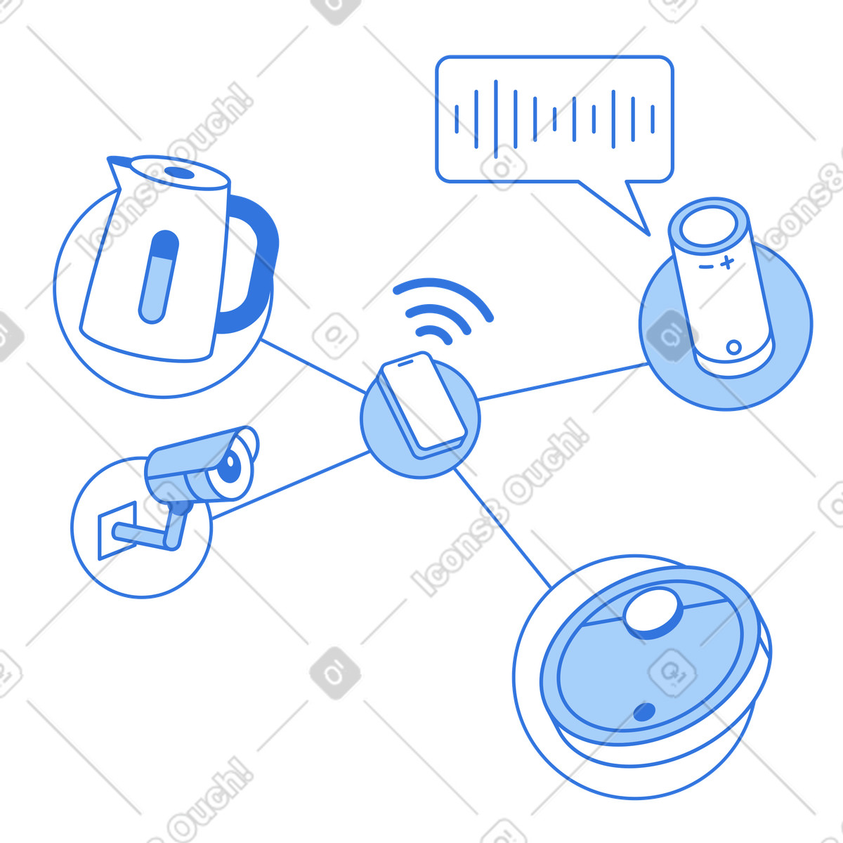 Ilustración Smartphone managing appliances and devices, Connected living smart home automation en estilo Sky a descargar en PNG y SVG