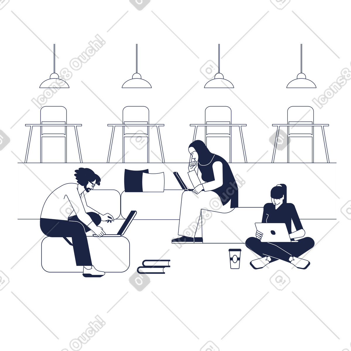 Urban Line 스타일의 Group of people working in a coworking space 일러스트레이션 PNG, SVG 다운로드
