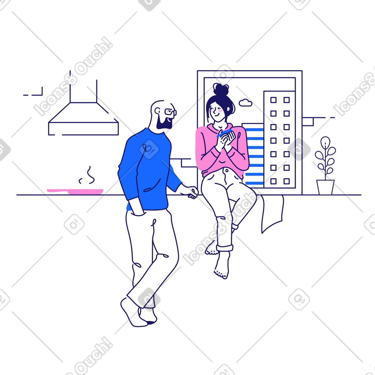 Woman and man in the kitchen illustration Matey style download PNG, SVG