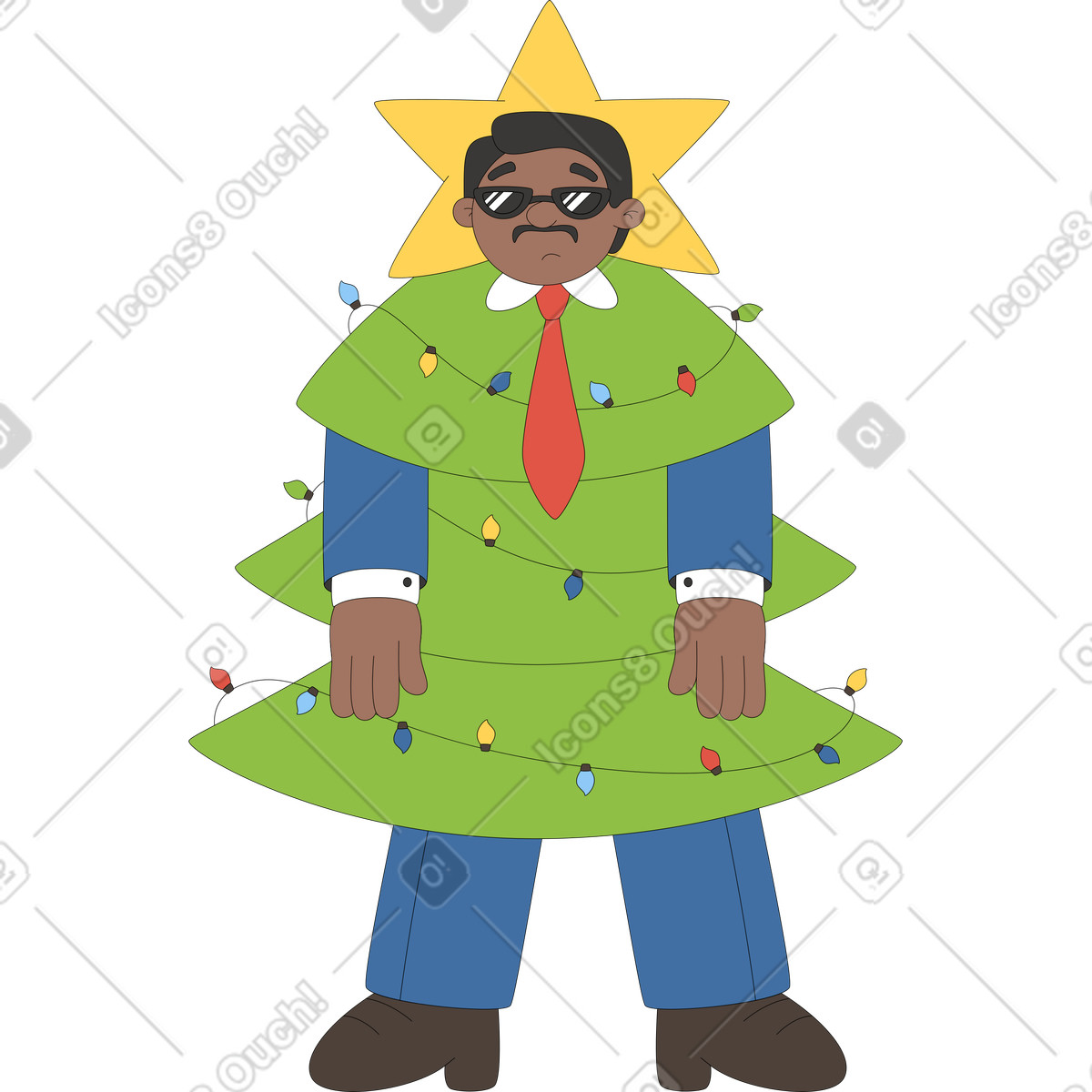 Illustration Homme en costume d'arbre de noël dans le style Sitcom à télécharger aux formats PNG, SVG