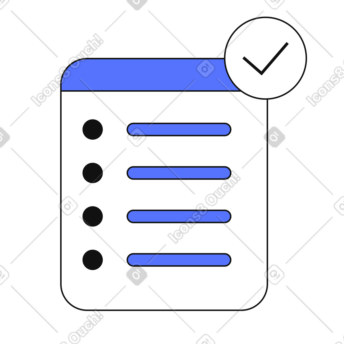 Illustration Checklist to do list finished successfully showing approval tick mark badge dans le style Main à télécharger aux formats PNG, SVG
