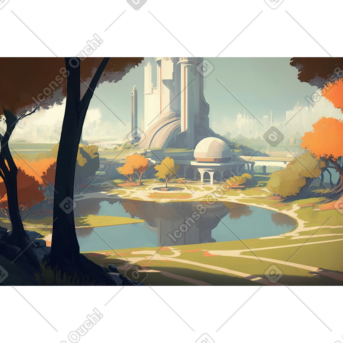 Spring park in the retrofuturistic city background illustration Experimental style download PNG, SVG