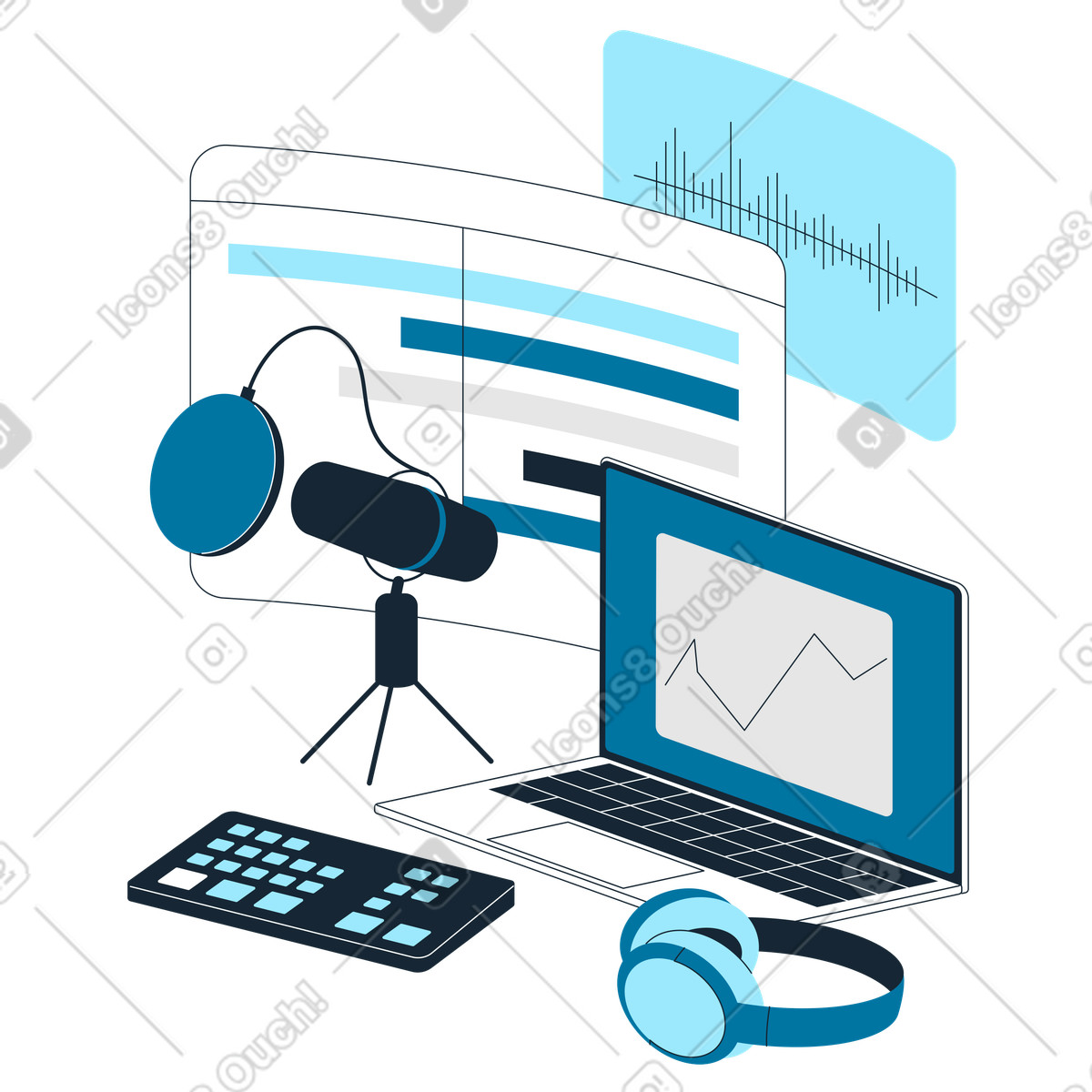 Illustration Enregistrer un podcast en studio dans le style Indigo à télécharger aux formats PNG, SVG