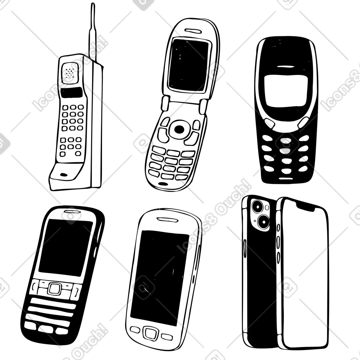 Diversi telefoni cellulari nella storia illustrazione in stile Marks scarica in PNG, SVG