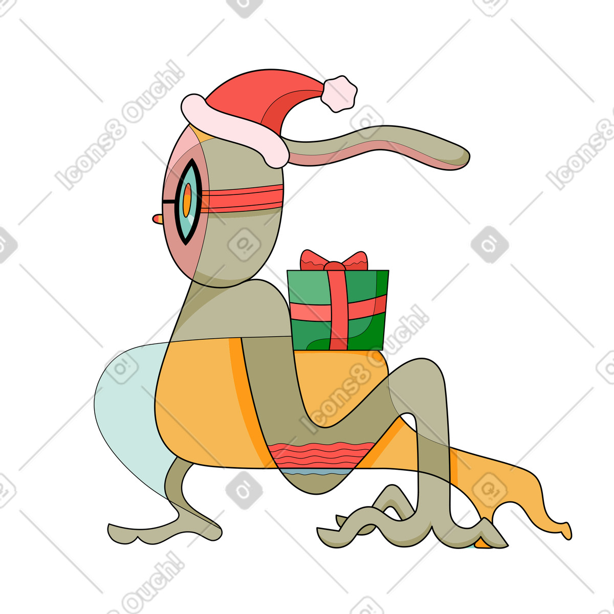 Ilustración Personaje extraño entregando regalo de navidad en estilo Surr a descargar en PNG y SVG