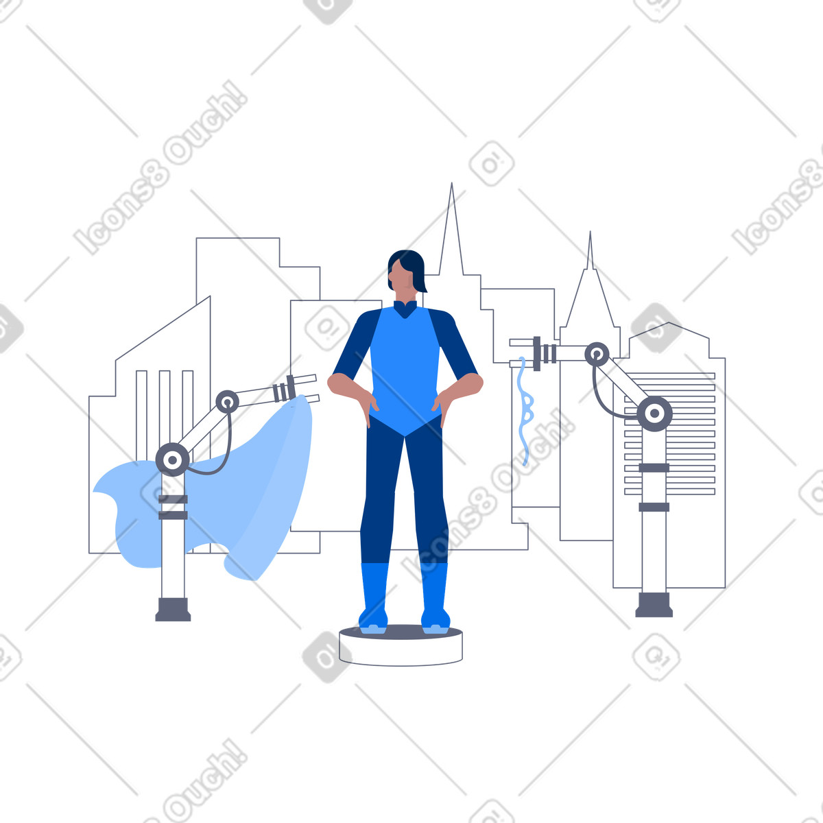 Robotic arms finalising superhero outfit, Premium upgrade concept illustrazione in stile Urban scarica in PNG, SVG