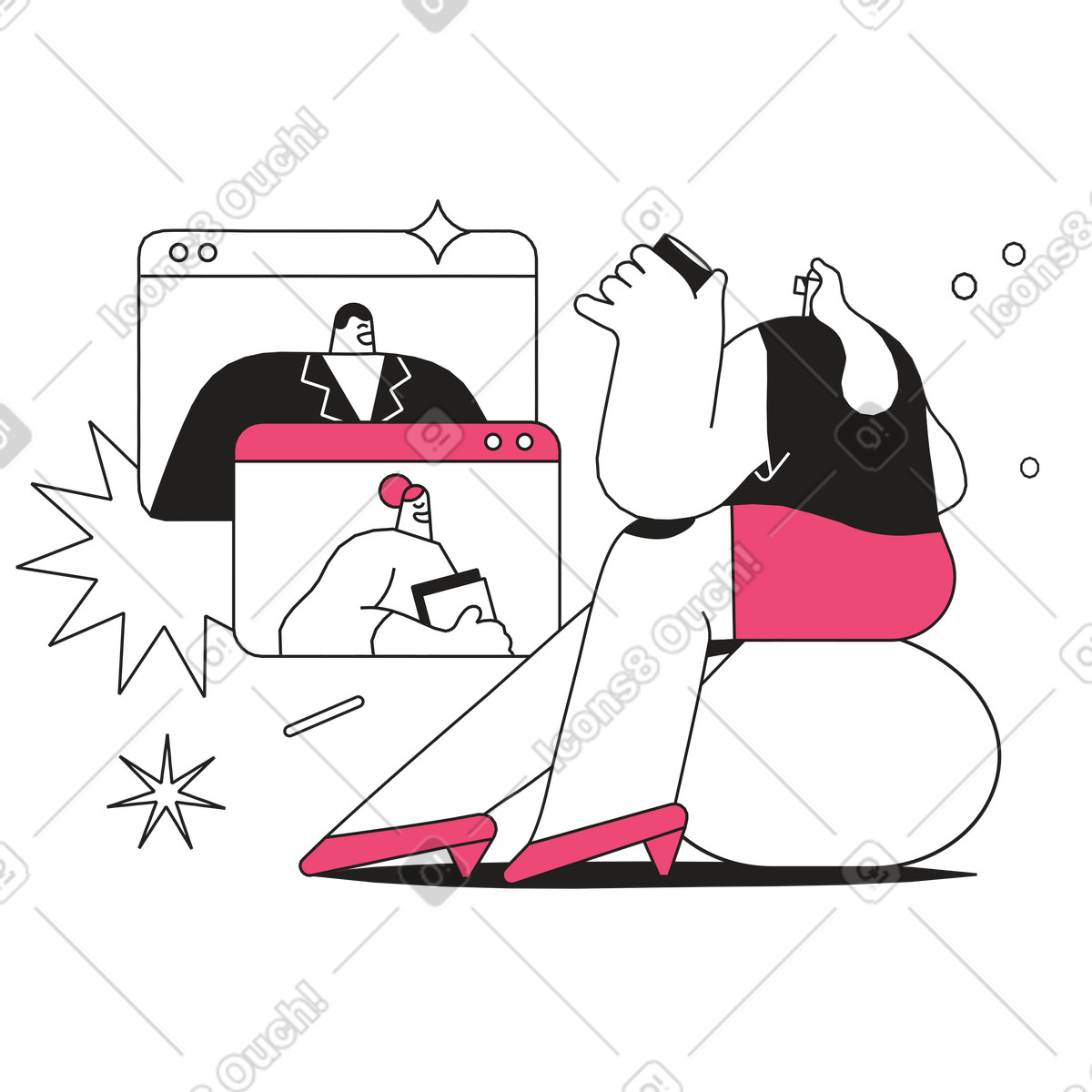 Employee using exercise ball during online meeting, Office ergonomics and productivity-Illustration im Dazzle Line-Stil als Download in PNG, SVG