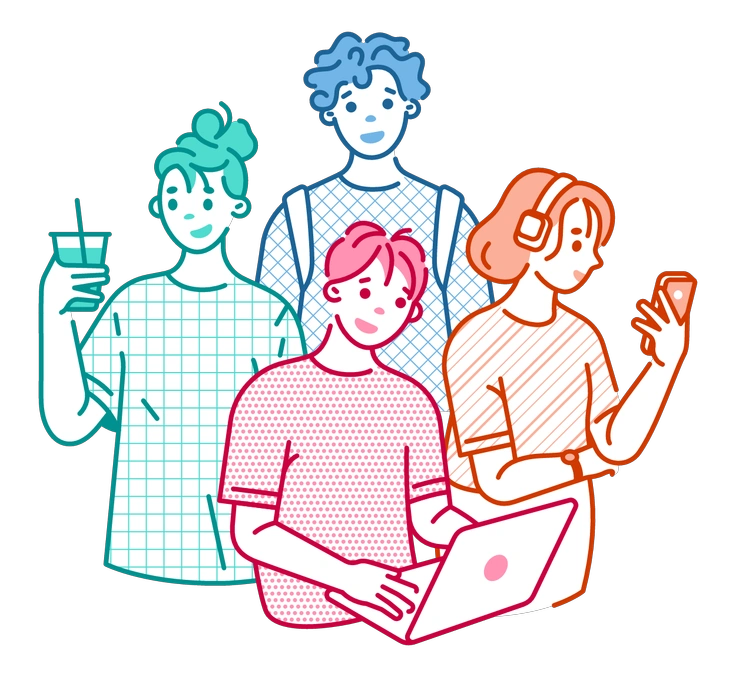 Four people engaging with technology and drinks - Natty style illustration