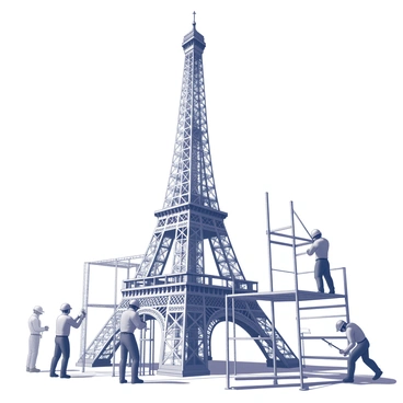 A group of workers is actively assembling the Eiffel Tower. The workers are wearing safety helmets and are focused on their tasks, using tools to fit metal parts together. Surrounding them, scaffolding is intricately arranged, providing support as the structure rises. The scene captures the dynamic atmosphere of construction, with beams and frameworks clearly visible. The sky above is open, allowing natural light to illuminate the scene, highlighting the details of the tower and the workers' movements.