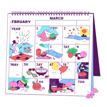 A duotone illustration featuring a large calendar divided into twelve sections, each representing a different month. Each section includes a vibrant, stylized representation of seasonal elements associated with that month. For January, there is a snowman wearing a scarf and hat against a wintery backdrop. In February, red hearts and flowers are scattered, symbolizing Valentine's Day. March showcases green shamrocks and a leprechaun's hat, while April features colorful raindrops and blooming flowers. May includes a picnic scene with a blue blanket and a basket of fruit. June depicts a bright sun and beach elements like a pink beach ball and sunglasses. July features fireworks in the sky and a barbecue grill, while August shows a lush garden with ripe fruits. September includes falling leaves in various shades, while October showcases pumpkins and spooky elements for Halloween.