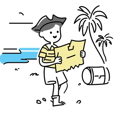 A young boy with a tricorn hat, wearing a striped shirt and shorts, stands on a sandy beach. He holds an old, weathered treasure map in his hands, excitedly examining it. The beach is devoid of any people, with gentle waves lapping at the shore. Palm trees sway in the light breeze in the background. Seashells are scattered across the sand, and a wooden barrel lies nearby. The boy's eyes shine with adventure as he looks towards the horizon, envisioning the treasure that awaits.