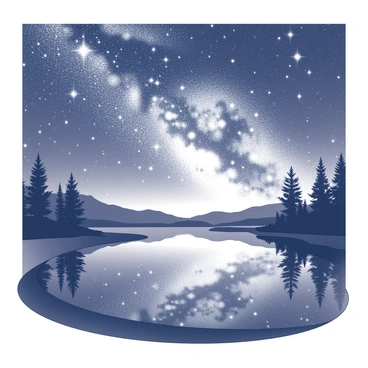 A clear night sky filled with numerous stars twinkling brightly. The Milky Way stretches across the scene, showcasing its dense cluster of stars and cosmic dust. Below, a tranquil lake reflects the night sky, creating a mirror-like surface that perfectly captures the celestial display above. The area surrounding the lake is framed by silhouettes of distant trees and hills, adding depth to the landscape.