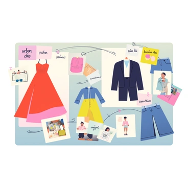 A mood board is displayed, filled with various fashion illustrations and trend inspirations. The board features sketches of diverse clothing styles, including a flowing red dress, a tailored black suit, and casual denim outfits. There are swatches of fabric in different colors, such as pastel pink, deep blue, and vibrant yellow, pinned around the illustrations. Handwritten notes with phrases like "urban chic" and "bohemian vibes" accompany the images. Additionally, there are magazine cutouts of accessories such as sunglasses and handbags, adding to the overall fashion theme of the board.