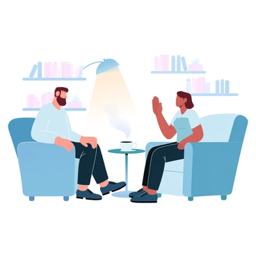 A therapist with short hair is seated in a comfortable chair, facing a patient who is sitting across from them on a plush couch. The therapist is wearing a soft sweater, and the patient is in a casual top, both looking engaged in conversation. A warm lamp is glowing softly in the background, casting a gentle light that creates a cozy atmosphere in the office. Shelves lined with books and plants add to the inviting environment. A small table with a cup of tea sits between them, completing the scene.