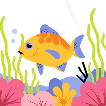 An angelfish with vibrant orange and blue scales swims gracefully through a lush underwater garden. The scene is filled with various types of coral in shades of pink, purple, and yellow. Long strands of green seaweed sway gently around the fish, creating a lively environment. Sunlight filters down from the surface, casting dappled light across the colorful underwater landscape. Small bubbles rise from the coral, adding to the feeling of movement in the water.