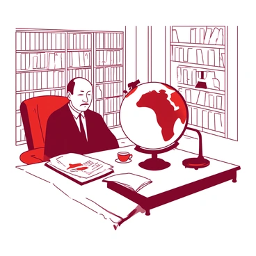 A white room features a large wooden desk with a red velvet chair behind it. "Joseph Stalin" is sitting in the chair, looking intently at a large globe placed on the desk. The globe is illuminated by a nearby desk lamp, casting shadows on the surface. Papers and books are scattered across the desk, and a half-full cup of tea is resting beside the globe. Stalin has a pensive expression, with his brow furrowed as he studies the details of the globe, deep in thought. A bookshelf filled with numerous volumes is in the background, adding to the scholarly atmosphere of the office.