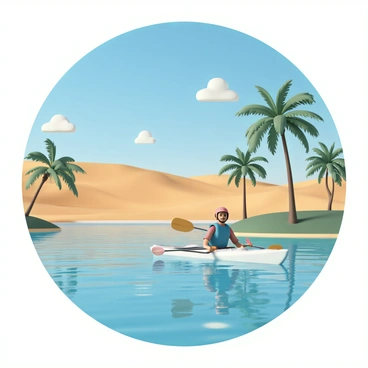 A kayaker exploring a secret oasis with palm trees in the middle of a desert