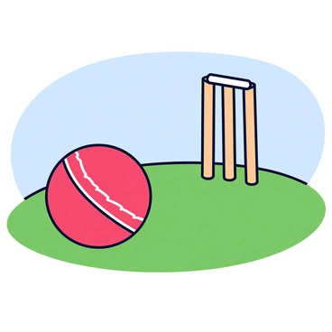 A red cricket ball resting on a green pitch. The ball has a shiny surface with prominent stitching. In the background, there are three wooden wickets standing tall on the edge of the pitch, with white bails resting on top of them. The scene is set under clear blue sky.