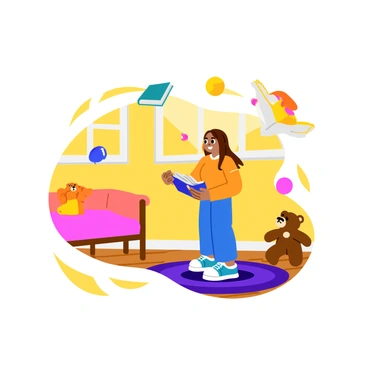 A young girl with long brown hair stands in a cozy room. Various objects float in mid-air around her, including a colorful book, a plush teddy bear, and several small colorful balls. The walls of the room are painted a soft pastel color, and there's a large window that lets in warm sunlight. A patterned rug covers the wooden floor, adding to the room's charm. The girl has an expression of wonder as she reaches out towards a floating toy.