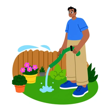A person wearing a blue t-shirt and khaki shorts is watering plants in a backyard using a green garden hose. The person has an indifferent expression, with their eyes slightly glazed over. The backyard is filled with various potted plants, including colorful flowers and green shrubs. The garden hose is flowing with water, which creates a small splash as it reaches the plants. Sunlight is shining down, casting clear shadows on the grass beneath their feet. A small wooden fence is visible in the background, adding to the scene's backyard atmosphere.