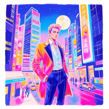 A figure resembling "Lucifer" stands confidently in the midst of a futuristic cityscape. He has striking features, with sharp cheekbones and piercing eyes, and is dressed in a sleek, modern suit. The city around him is alive with vibrant neon signs in various colors, illuminating the scene with a surreal glow. Towering skyscrapers stretch into the night sky, their facades adorned with dynamic digital displays. The streets below are bustling with futuristic vehicles and pedestrians, creating a sense of movement. In the background, a full moon casts a soft light, contrasting with the bright neon colors.