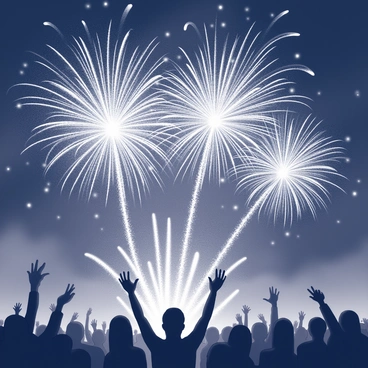 An array of fireworks erupting in the night sky. Each firework displays intricate patterns and shapes as it bursts, with trails of light leading to their explosion. The background is filled with a deep, dark sky that enhances the visibility of the fireworks. In the foreground, silhouettes of cheering crowds can be seen, their arms raised in celebration of "New Year's Day." The scene captures the vibrant energy and excitement of the festive occasion.