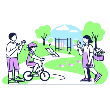 A family is spending a day at a local park. In the scene, a child is riding a balance bike, wearing a helmet and a colorful shirt. The child is smiling, showing excitement while pedaling along a winding path. The parents are nearby, with one parent clapping and encouraging the child, while the other holds a picnic blanket and a basket filled with snacks. Around them, there are green trees providing shade, a small playground with swings and slides in the background, and a few ducks swimming in a nearby pond. A bright blue sky overhead adds to the cheerful atmosphere.